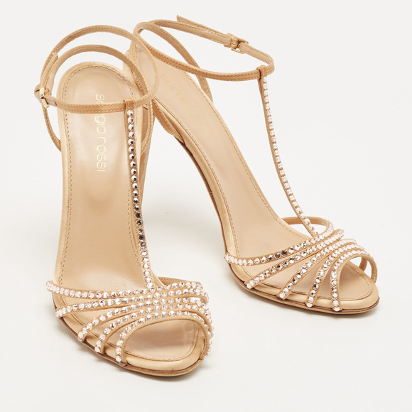 Sergio Rossi Gold Crystal Embellished Satin T-Bar Ankle Strap Sandals Size 36 - Picture 3 of 8